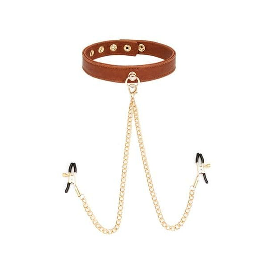 House Of Dasein Brown Leather Collar With Nipple Clamps Bdsm Bondage Restraints Sex Slave Games - Brown V1257-30143974670402