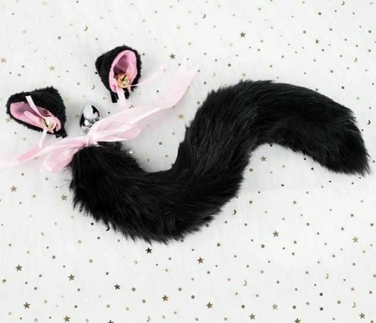 House Of Dasein Black White Cute Kitten Ears Faux Fox Tail Ana Butt Plug Cosplay Bdsm - Black - S - Hairpin V1257-30366011785354