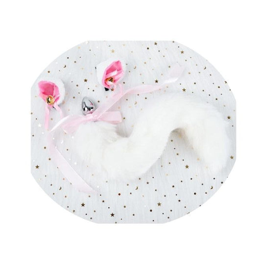 House Of Dasein Black White Cute Kitten Ears Faux Fox Tail Ana Butt Plug Cosplay Bdsm - White - M - Hairpin V1257-30366012833930