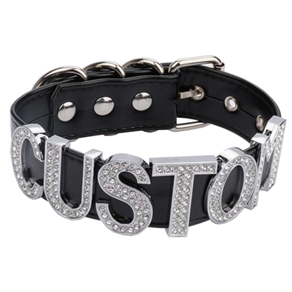House Of Dasein Silver Rhinestone Customised Collar Personalised Big Letter Gothic Choker Bdsm - Black With V1257-30368968409226