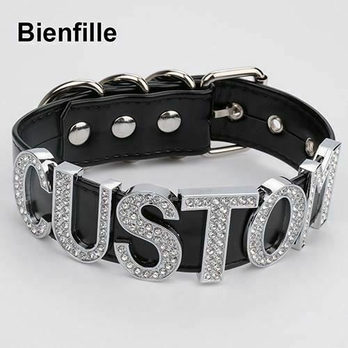 House Of Dasein Silver Rhinestone Customised Collar Personalised Big Letter Gothic Choker Bdsm - Black With V1257-30368968409226