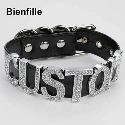 House Of Dasein Silver Rhinestone Customised Collar Personalised Big Letter Gothic Choker Bdsm - Black With V1257-30368968409226