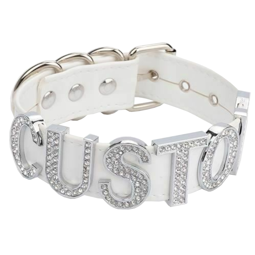 House Of Dasein Silver Rhinestone Customised Collar Personalised Big Letter Gothic Choker Bdsm - White With V1257-30368968441994
