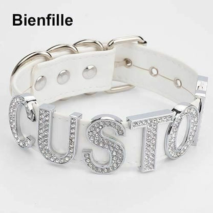 House Of Dasein Silver Rhinestone Customised Collar Personalised Big Letter Gothic Choker Bdsm - White With V1257-30368968441994