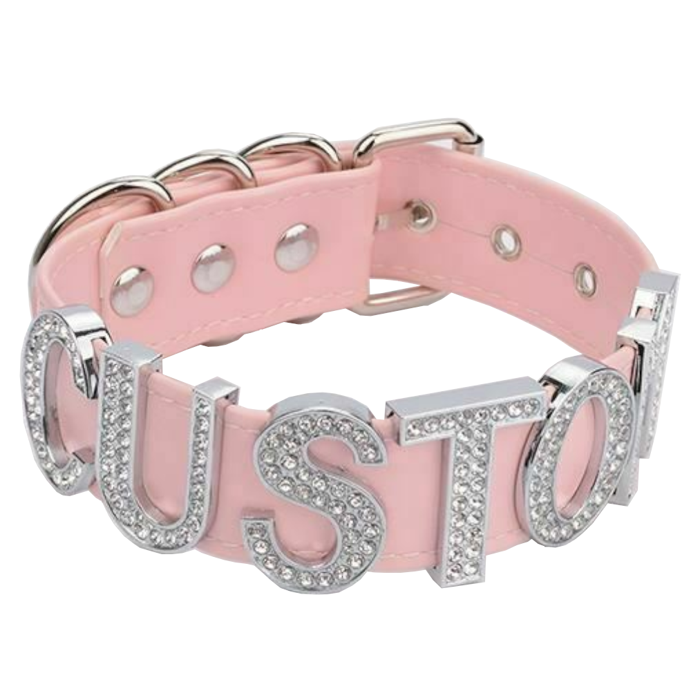 House Of Dasein Silver Rhinestone Customised Collar Personalised Big Letter Gothic Choker Bdsm - Pink With V1257-30368968474762
