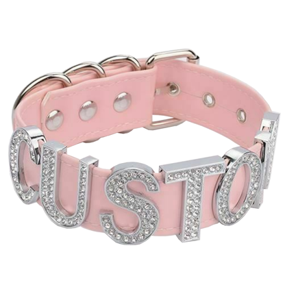 House Of Dasein Silver Rhinestone Customised Collar Personalised Big Letter Gothic Choker Bdsm - Pink With V1257-30368968474762