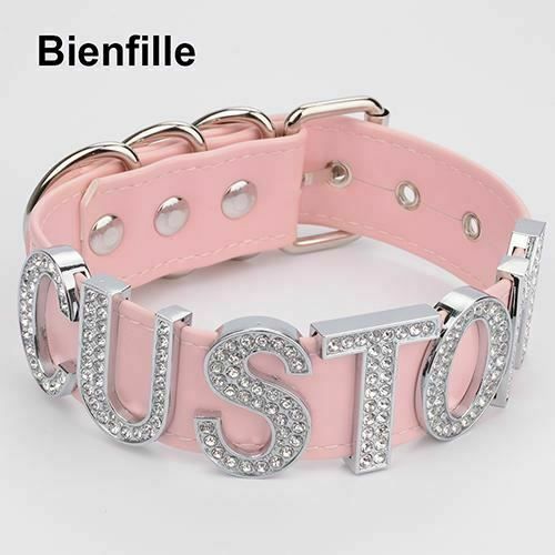 House Of Dasein Silver Rhinestone Customised Collar Personalised Big Letter Gothic Choker Bdsm - Pink With V1257-30368968474762