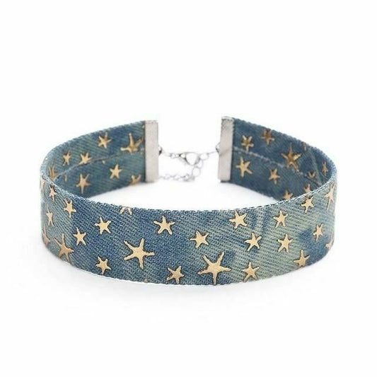 House Of Dasein Day Collar Blue Star Choker Distressed Denim Necklace Fetish Kink - Light Blue V1257-30368998195338