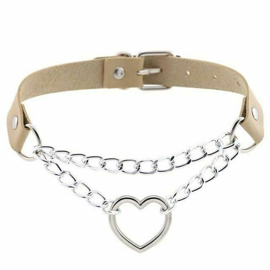 House Of Dasein Bdsm Day Collar Heart Pendant Choker Silver Chain Necklace - Beige V1257-30370309570698