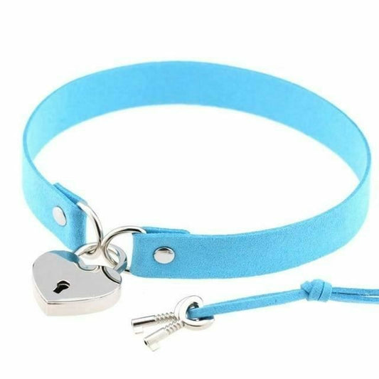 House Of Dasein Bdsm Heart Pendant Locking Collar With Key Choker Necklace Slave Restraints - Blue V1257-30372577181834