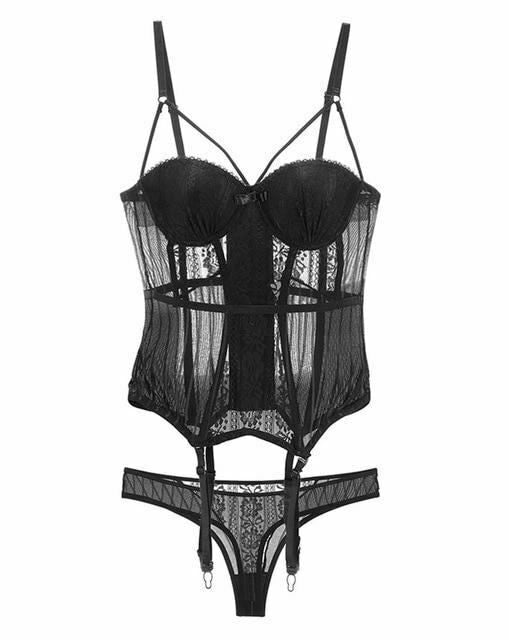 House Of Dasein Black High Elasticity Corset Bustier Cup Garter Set With Straps Lingerie - Black - L V1257-30469022744714