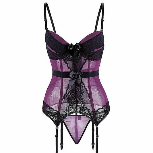 House Of Dasein Sheer Bustier Garter Belt Purple Red White Blue Black Sexy Lingerie Women - Purple - L V1257-30579606487178