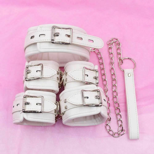 House Of Dasein White Padded Collar Cuffs Ankle Wrist Leash Bondage Kink Bdsm Kit - White - Full Set V1257-30914578743434