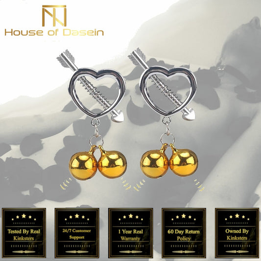 House Of Dasein Cupid' Arrow Gold Bell Stainless Steel Nipple Clamps Bdsm Bondage Restraints - Gold V1257-31020892356746