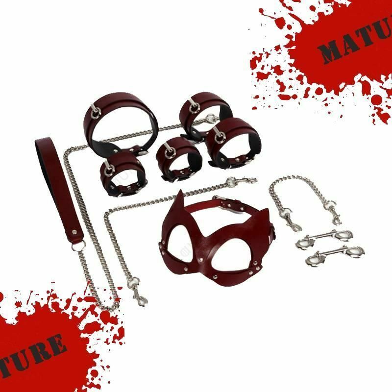 House Of Dasein Genuine Leather Bondage Bdsm Luxury Restraints Kit Kitten Mask Leash - Silver V1257-31196358803594