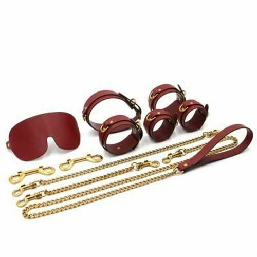 House Of Dasein Bdsm Bondage Starter Kit Restraints Blindfold Collar Leash Cuffs - Red And Gold V1257-31196358869130