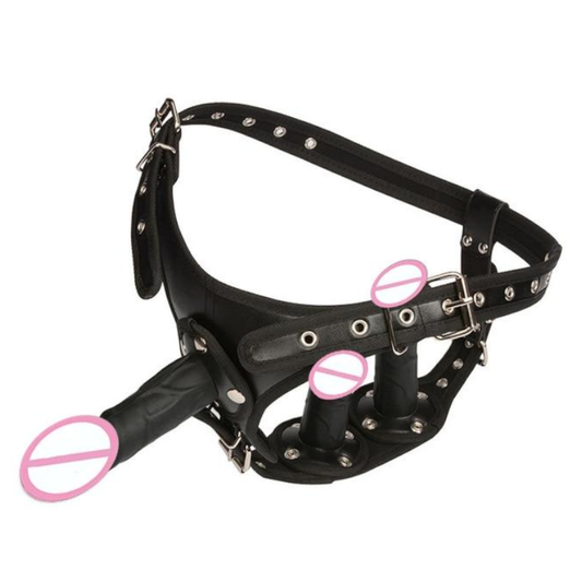 House Of Dasein Big Fantasy Harness Triple Dildos Pegging Kit Red Black Strapon - Black V1257-31196475490442