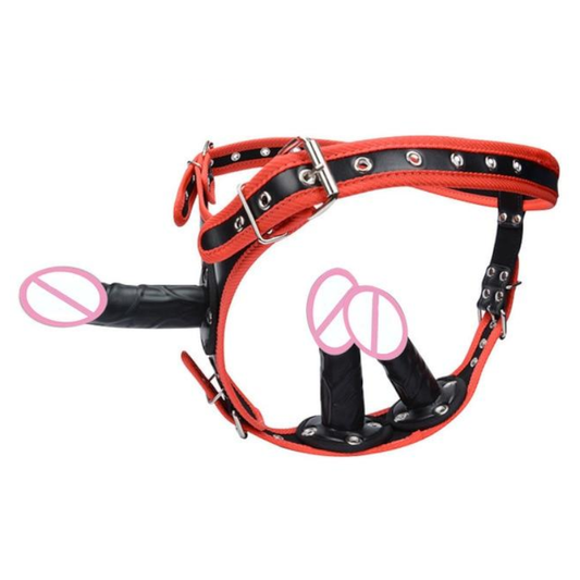 House Of Dasein Big Fantasy Harness Triple Dildos Pegging Kit Red Black Strapon - Red V1257-31196475555978