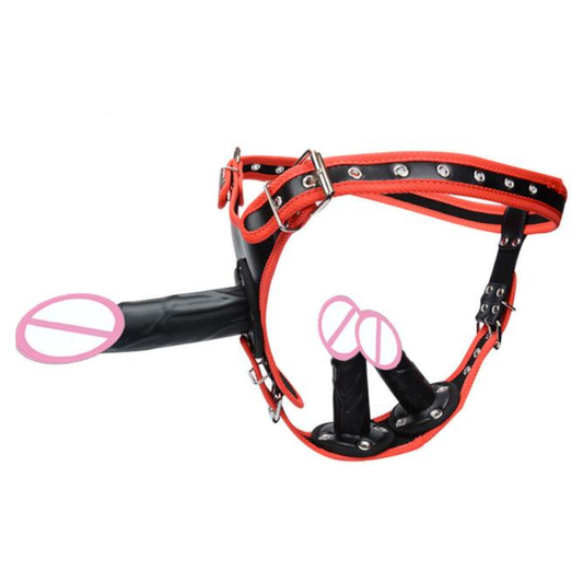 House Of Dasein Big Fantasy Harness Triple Dildos Pegging Kit Red Black Strapon - Red - Big V1257-31196475588746