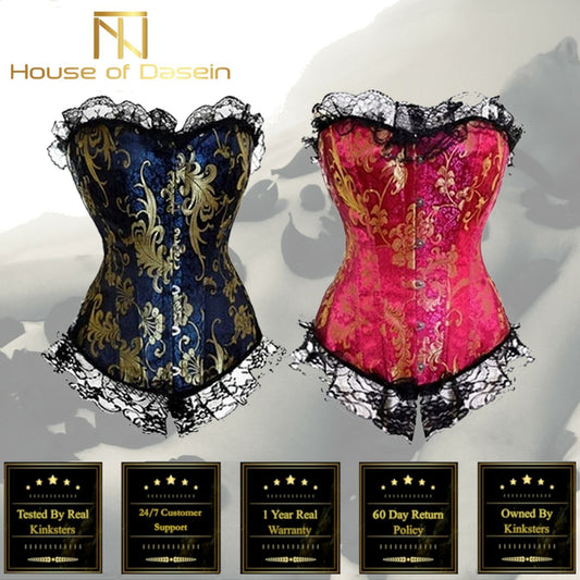 House Of Dasein Blue Red Corset Gold Lace Trim Sexy Lingerie Kink Bdsm Fetish Clothing - Blue - 5Xl V1257-31247066071178