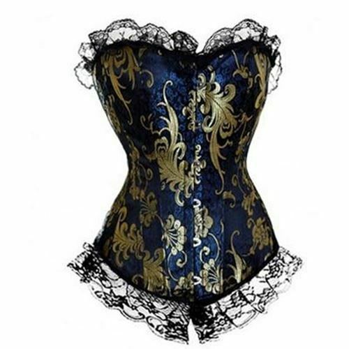 House Of Dasein Blue Red Corset Gold Lace Trim Sexy Lingerie Kink Bdsm Fetish Clothing - Blue - S V1257-31247066202250