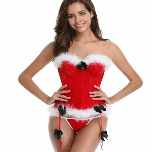 House Of Dasein Luxurious Red Velvet Christmas White Faux Fur Trim Over Bust Corset - Red - L V1257-31249528553610