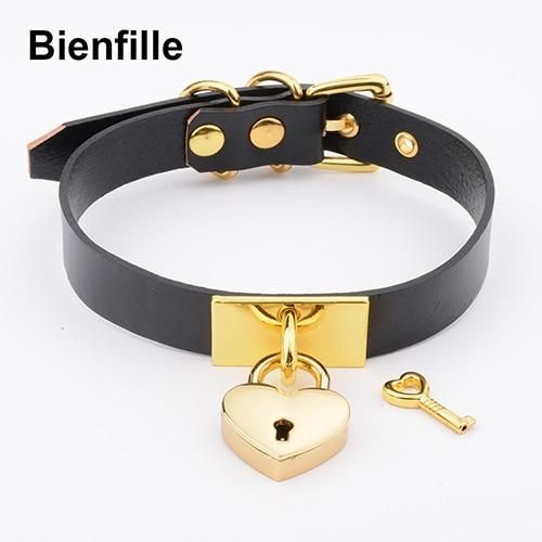 House Of Dasein Leather Collar Locket Love Heart Harajuku Bdsm Sub Slave Punk Choker - Black With Gold V1257-31260687663242