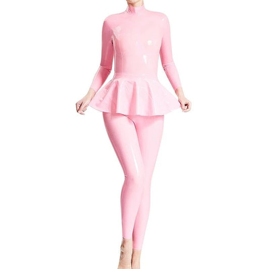 House Of Dasein Pink Latex Catsuit With Swing Skirt In Middle Back Zipper Rubber Body Suit Costume - Baby Pink - L