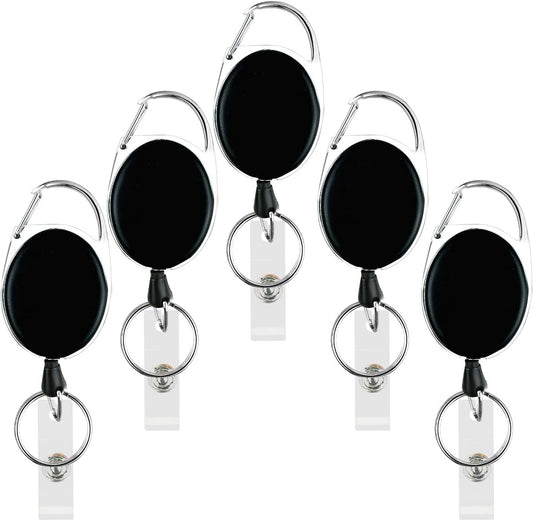 5 Pack Heavy Duty Retractable Badge Reel Id Card Holder with Clip and Key Ring Carabiner Keychain Belt Black V1258-DP02-A-1008