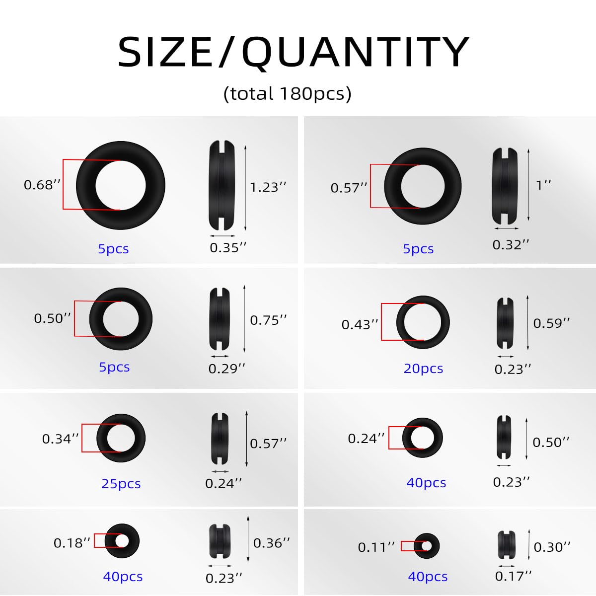 180 Pcs Assorted Rubber Grommet Kit Assortment Sizes 7/8" 5/8" 7/16" Wire Grommets for Wiring Double Sided V1258-DP02-A-1009