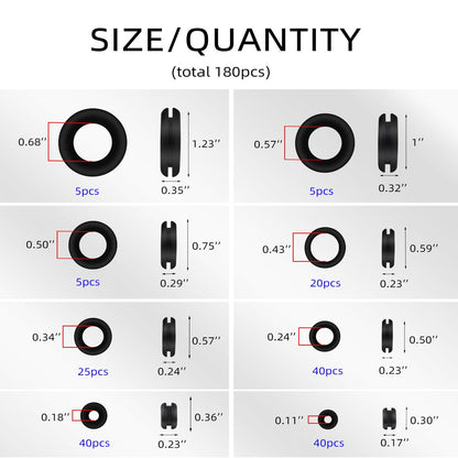 180 Pcs Assorted Rubber Grommet Kit Assortment Sizes 7/8" 5/8" 7/16" Wire Grommets for Wiring Double Sided V1258-DP02-A-1009