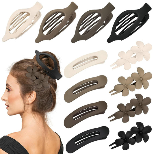 12 Pcs Neutral Colors Flat Hair Clips, Flat Claw Clip for Women, Matte Non-Slip Flower Claw Clips for Thin V1258-DP02-A-103