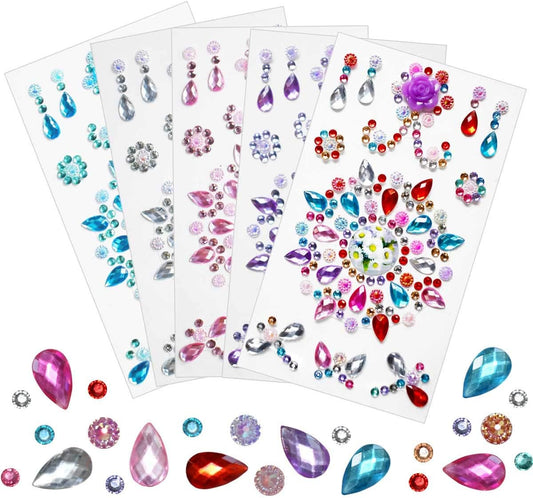 5 Sheets Jewels Stickers Self-Adhesive Craft and Gems Assorted Size Crystal Gem Flatback Sticker Mixed Shapes V1258-DP02-A-1036