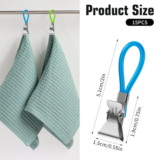 Xindojuz 15 PCS Kitchen Towel Clips, Metal Beach Chair Clips with Hanging Loop for Kitchen, Multi-Color V1258-DP02-A-1050