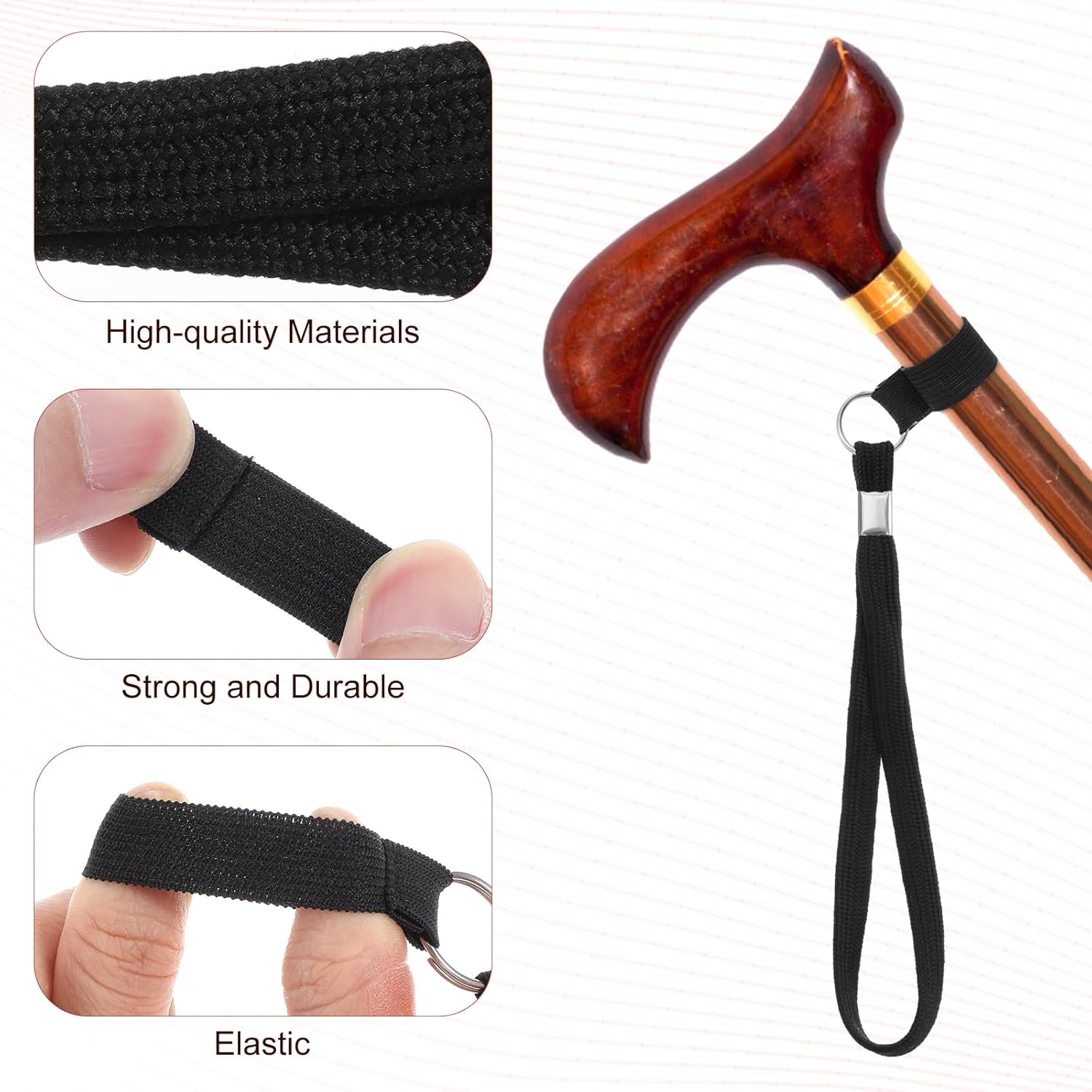 5PCS Walking Cane Wrist Strap Replacement, Black Adjustable Wrist Strap Lanyard Elastic Loop Universal V1258-DP02-A-1054