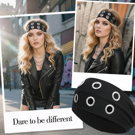 Grommet Headband, Black Women Hollow Out Eyelets Elastic Headband with Holes, Y2K Punk Goth Grunge V1258-DP02-A-1063