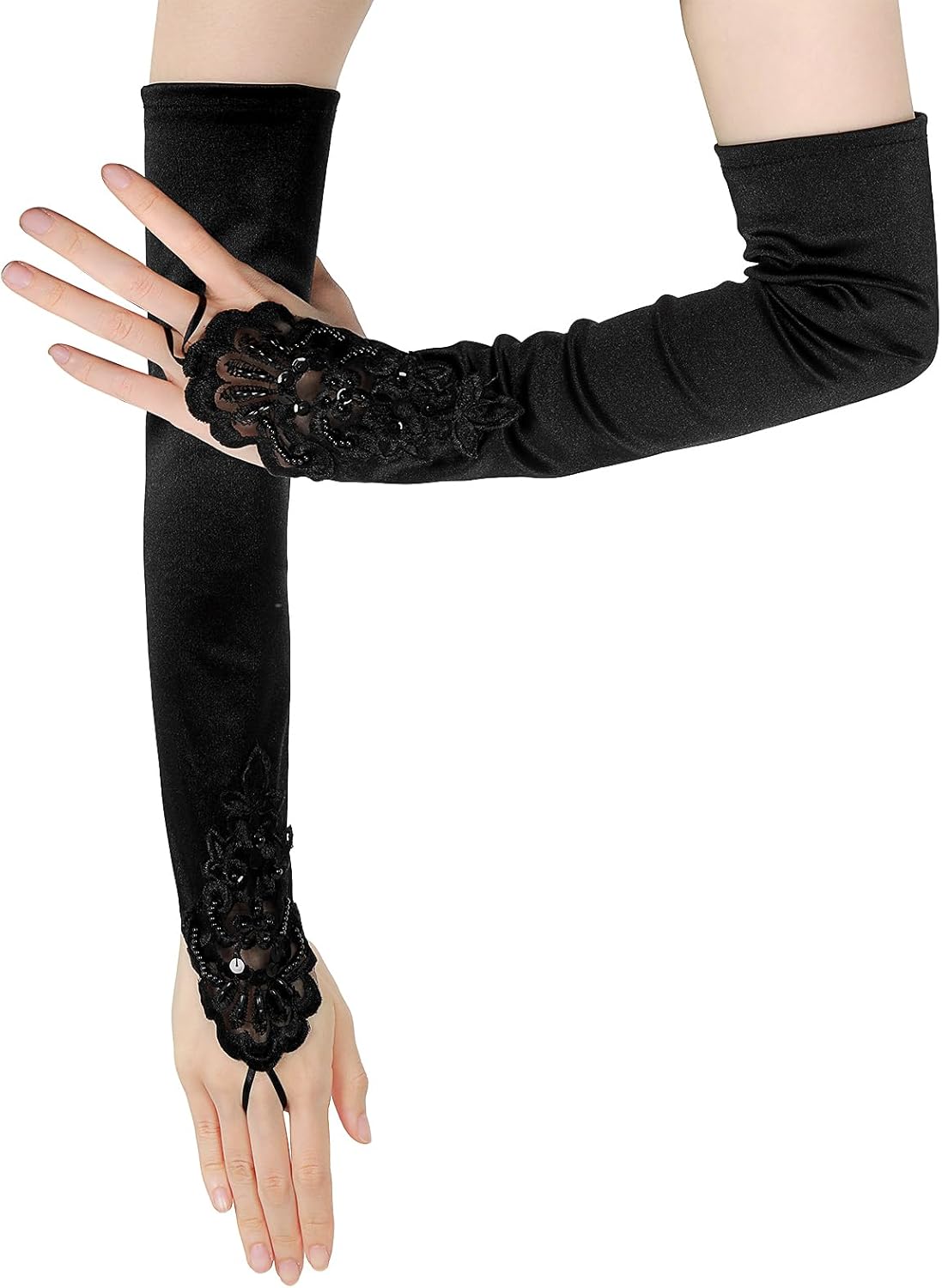 Satin Opera Gloves - Elbow Length, Black, Stretchy Fingerless, Perfect for 1920s Party & Wedding V1258-DP02-A-1071