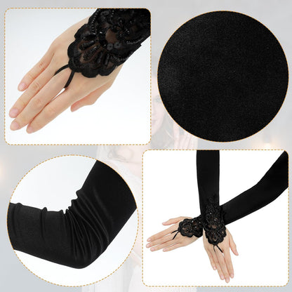 Satin Opera Gloves - Elbow Length, Black, Stretchy Fingerless, Perfect for 1920s Party & Wedding V1258-DP02-A-1071