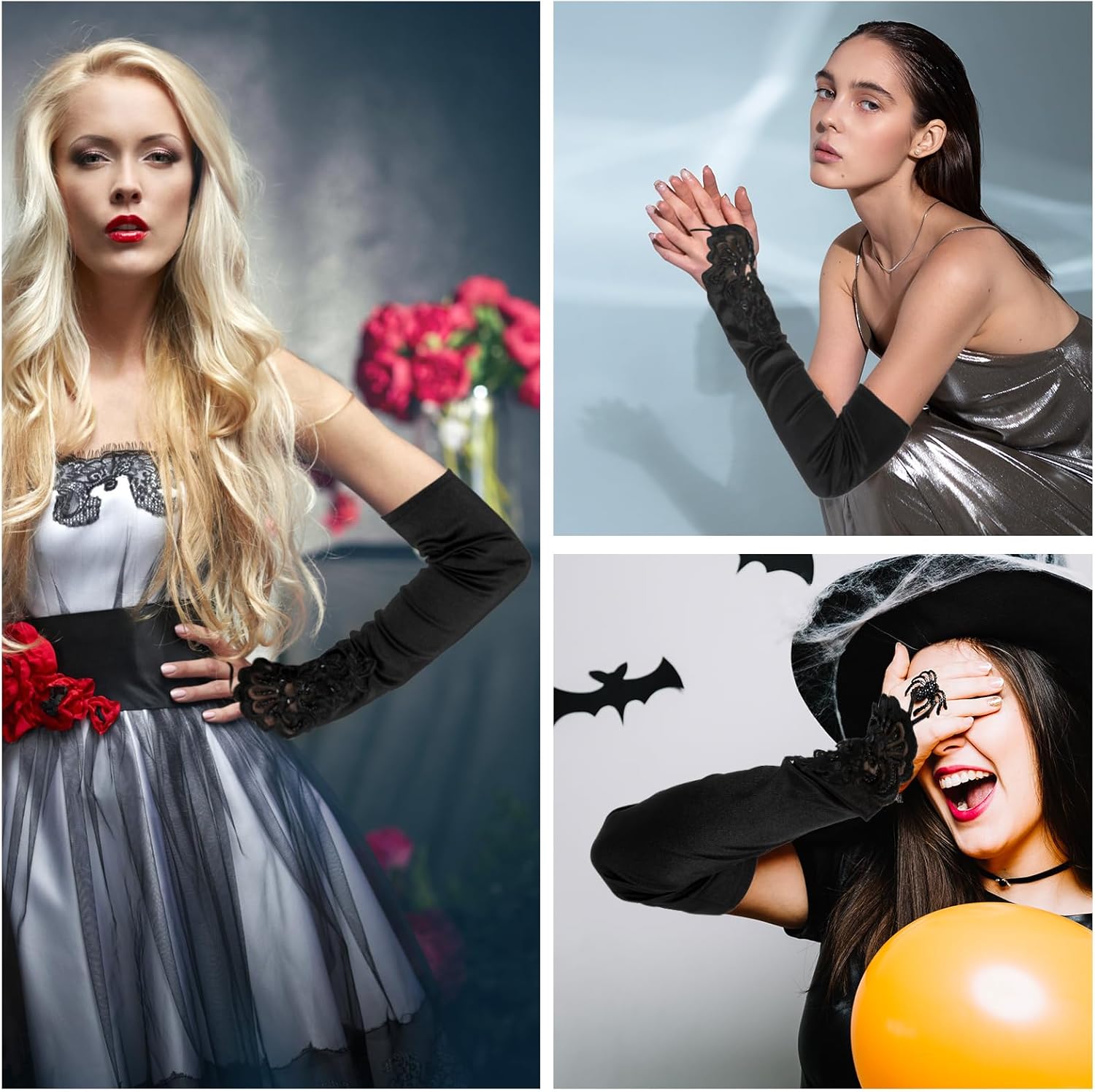 Satin Opera Gloves - Elbow Length, Black, Stretchy Fingerless, Perfect for 1920s Party & Wedding V1258-DP02-A-1071