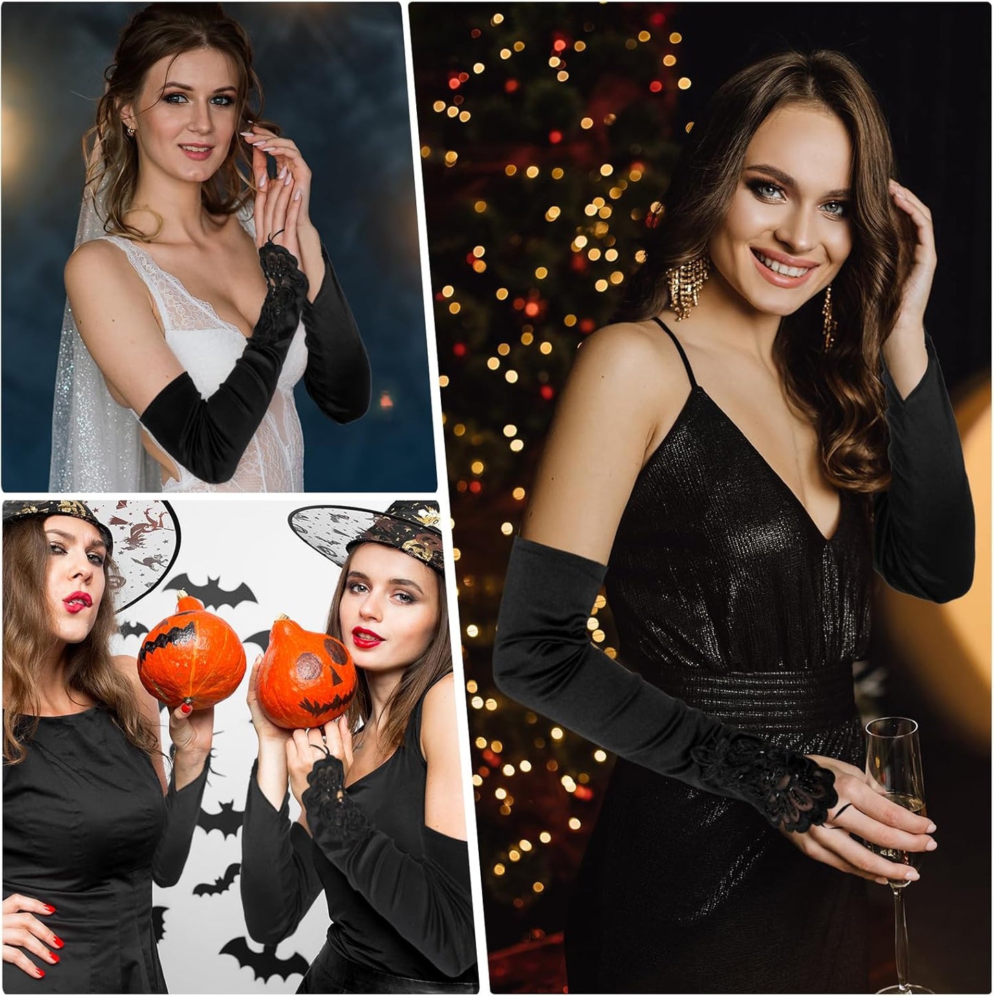 Satin Opera Gloves - Elbow Length, Black, Stretchy Fingerless, Perfect for 1920s Party & Wedding V1258-DP02-A-1071