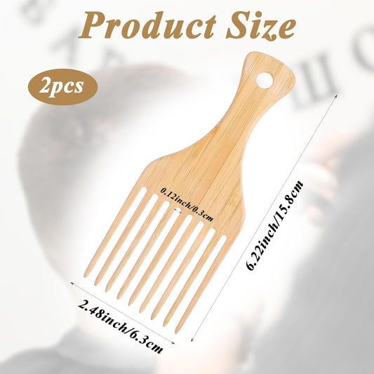 2 PCS Bamboo Comb Set for Afro Hairstyle, Natural Anti-Static Hair Picks for Curly Hair, Wooden Wide Tooth V1258-DP02-A-1099