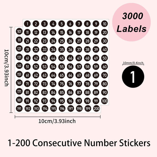 3000 PCS Number Stickers Labels, 0.4'' Black Consecutive Number Stickers 1-200, Vinyl Numbered Sticker, V1258-DP02-A-1106