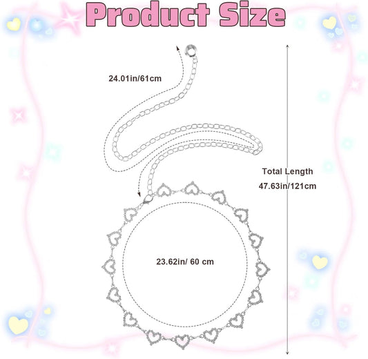 Xindojuz Heart Chain Belts for Women, 48" Fashion Waist Chain Rhinestone Flower Girls Belt, Adjustable Metal V1258-DP02-A-1120