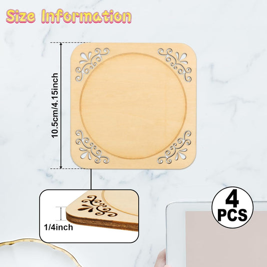 4 Pcs Unfinished Wood Coasters, 4 Inch Square Blank Coaster with Non Slip Pad for DIY Stained Painting Wood V1258-DP02-A-1134