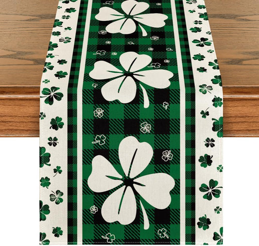 Green Clover Buffalo Plaid Shamrocks St.Patrick's Day Table Runner, Seasonal Kitchen Dining Table Decoration V1258-DP02-A-1142