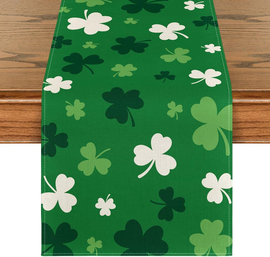 Green Shamrock St. Patrick's Day Table Runner, Seasonal Spring Kitchen Dining Table Decoration for Home Party V1258-DP02-A-1144