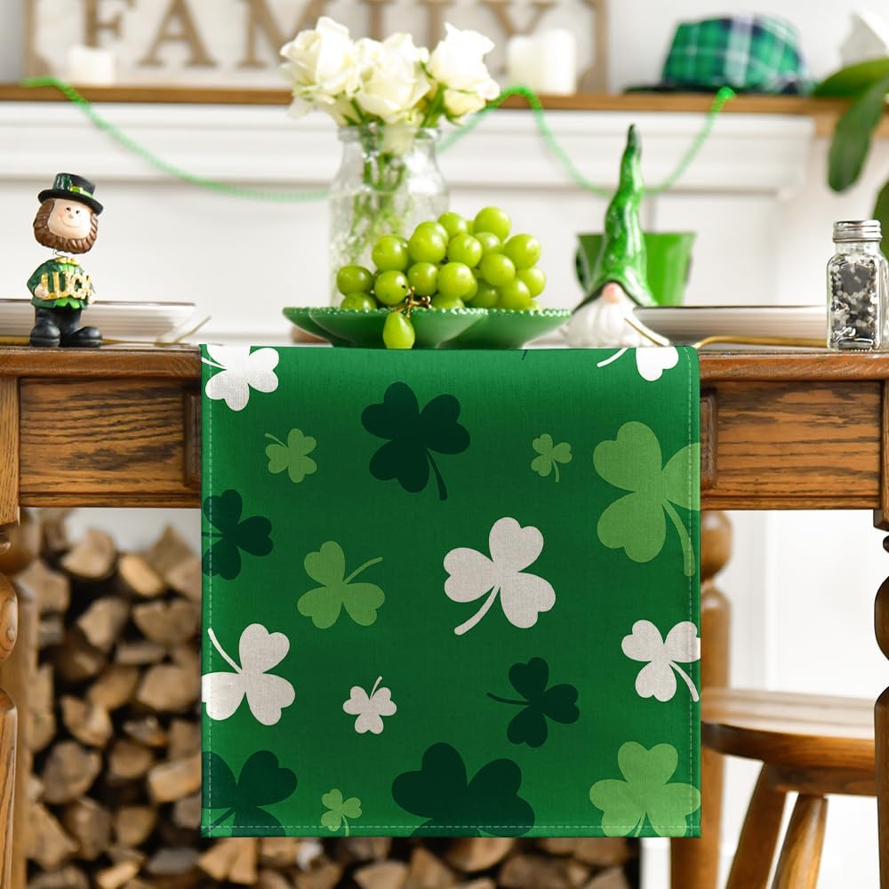 Green Shamrock St. Patrick's Day Table Runner, Seasonal Spring Kitchen Dining Table Decoration for Home Party V1258-DP02-A-1144