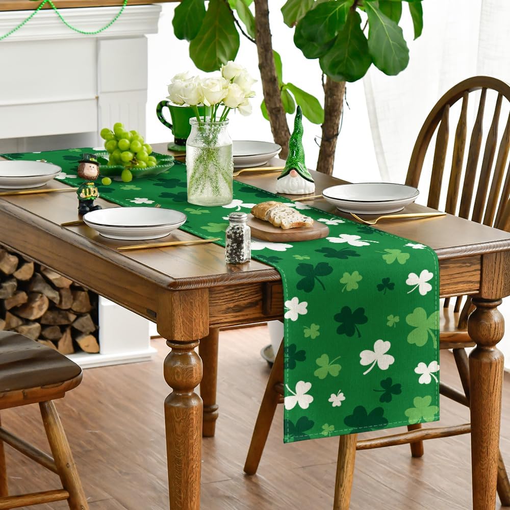 Green Shamrock St. Patrick's Day Table Runner, Seasonal Spring Kitchen Dining Table Decoration for Home Party V1258-DP02-A-1144