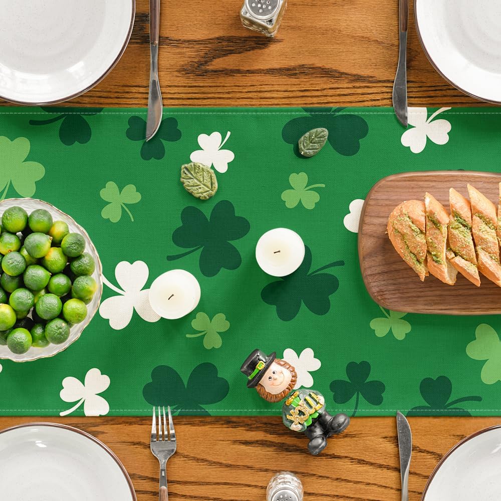 Green Shamrock St. Patrick's Day Table Runner, Seasonal Spring Kitchen Dining Table Decoration for Home Party V1258-DP02-A-1144