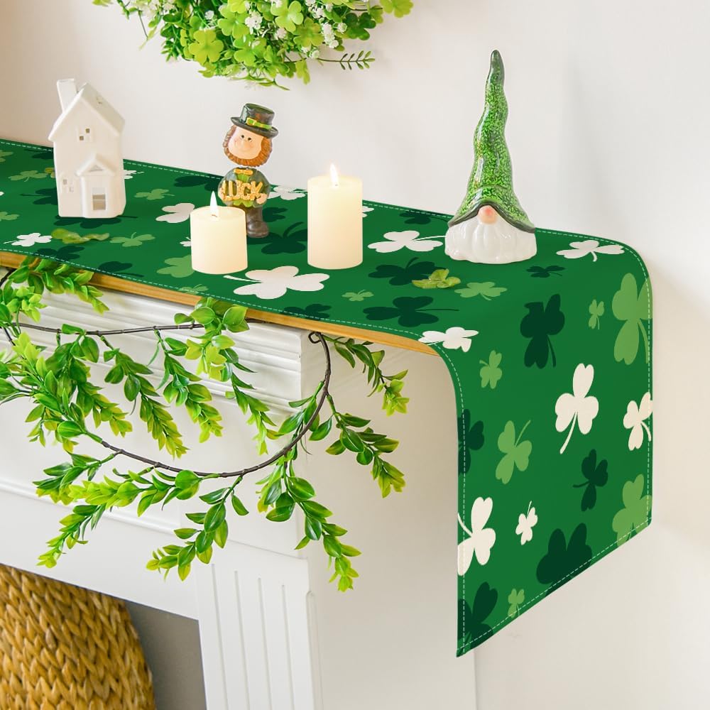 Green Shamrock St. Patrick's Day Table Runner, Seasonal Spring Kitchen Dining Table Decoration for Home Party V1258-DP02-A-1144